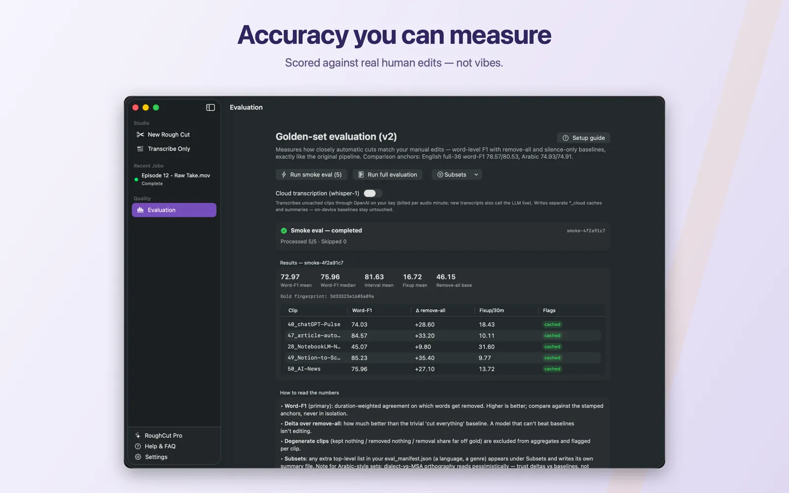 RoughCut evaluation dashboard measuring cut accuracy against a reference edit