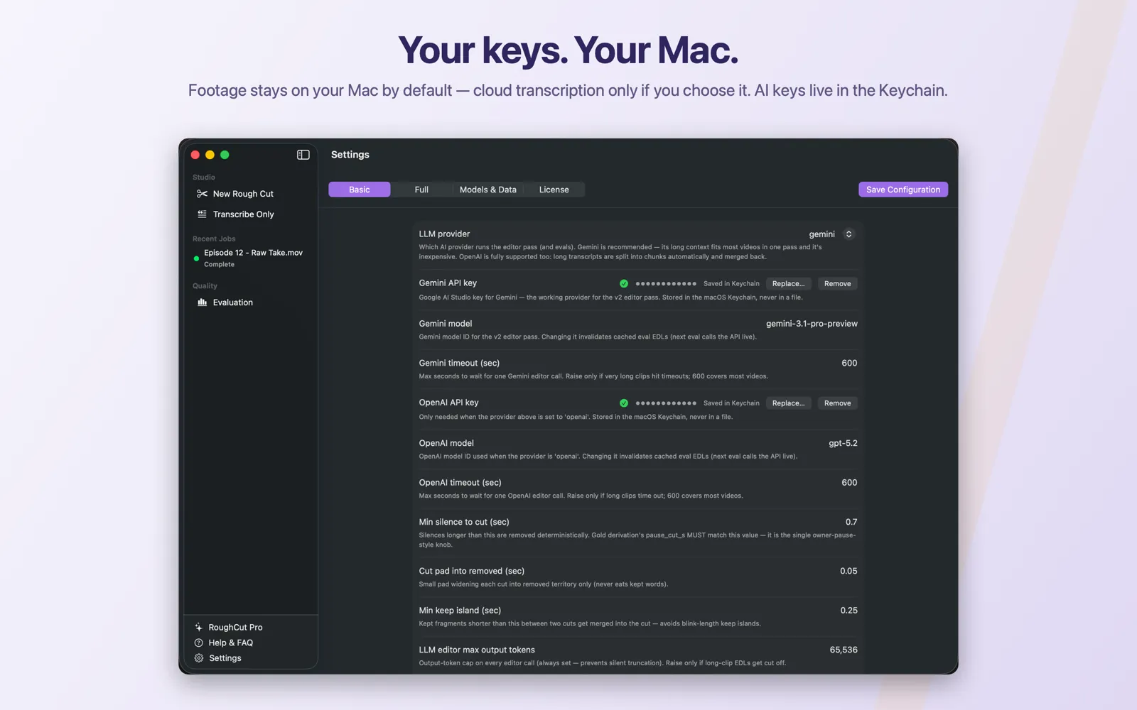 RoughCut settings on macOS showing model management and API key stored in the Keychain