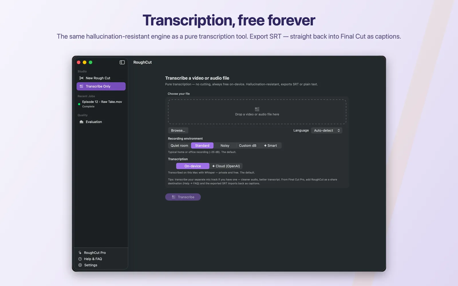 RoughCut transcribe-only mode producing word-accurate SRT subtitles on a Mac